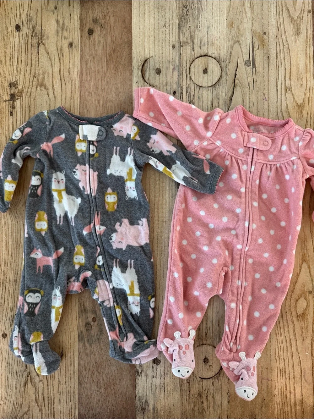 Carter's Pink Polka Dot & Gray Animal Footed One-Pieces Set